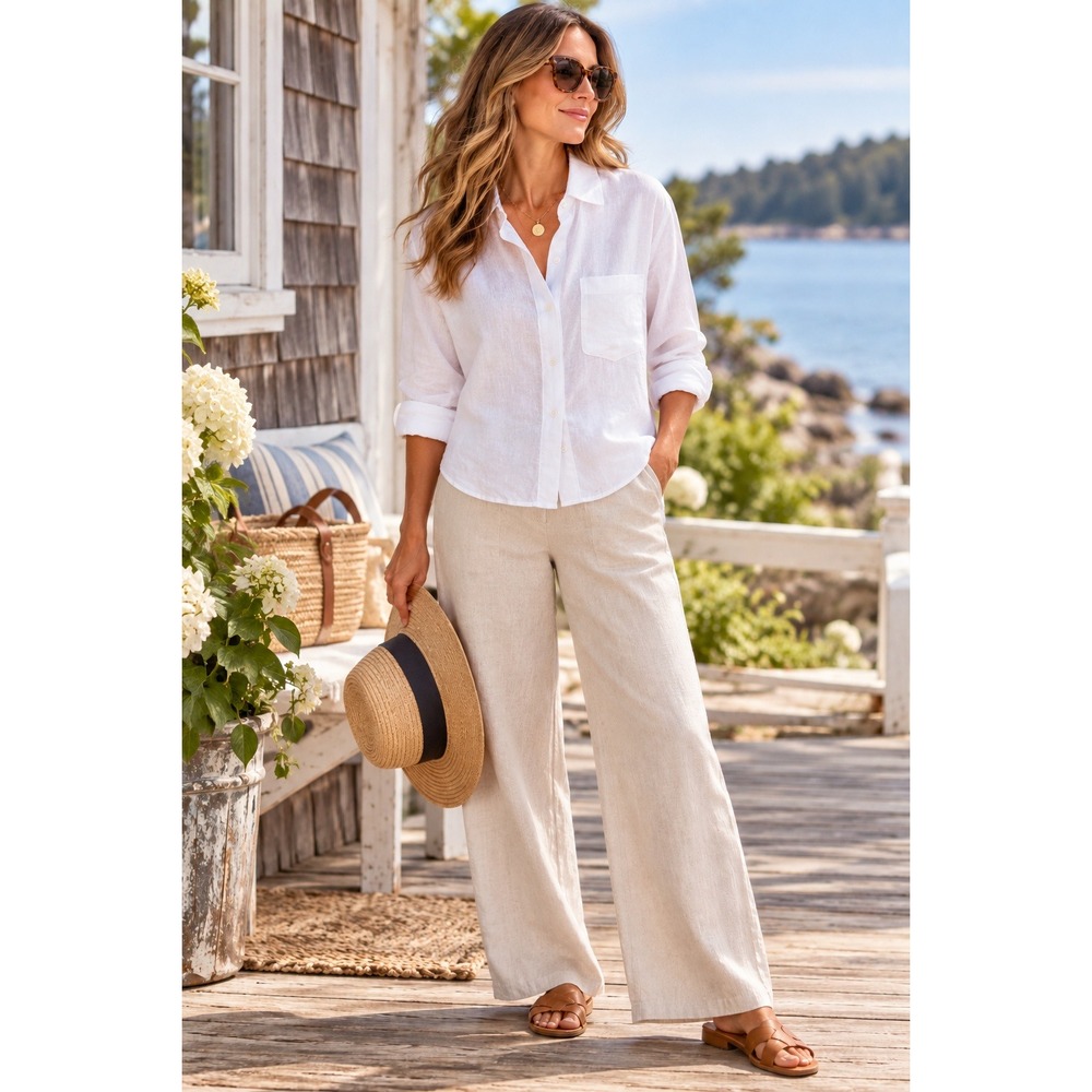 Talbots Womens 100% Linen Button Front Long Sleeve Relaxed Fit Shirt M Lagenlook